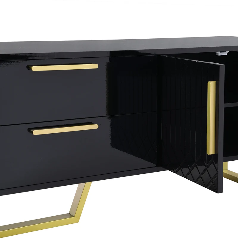 Meuble TV brillant noir 4 portes et accents dorés 170x40x53,5cm TRANSSAHAR