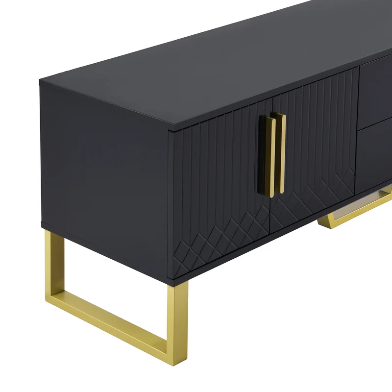 Meuble TV brillant noir 4 portes et accents dorés 170x40x53,5cm TRANSSAHAR