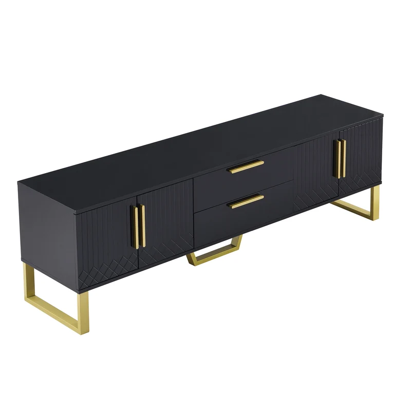 Meuble TV brillant noir 4 portes et accents dorés 170x40x53,5cm TRANSSAHAR