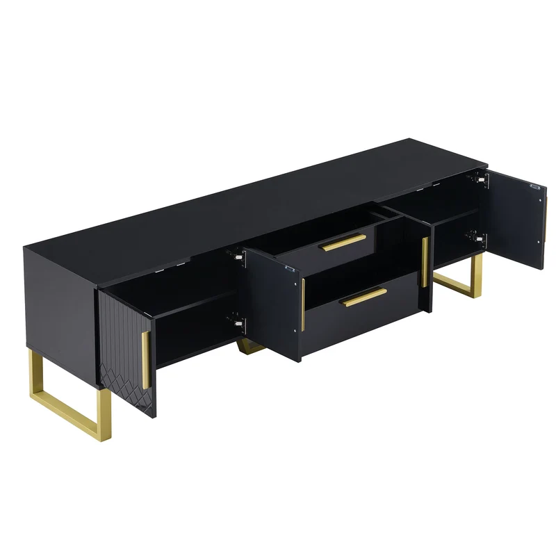 Meuble TV brillant noir 4 portes et accents dorés 170x40x53,5cm TRANSSAHAR