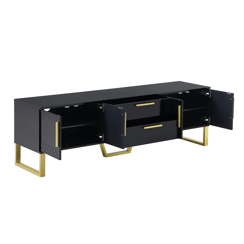 Meuble TV brillant noir 4 portes et accents dorés 170x40x53,5cm TRANSSAHAR