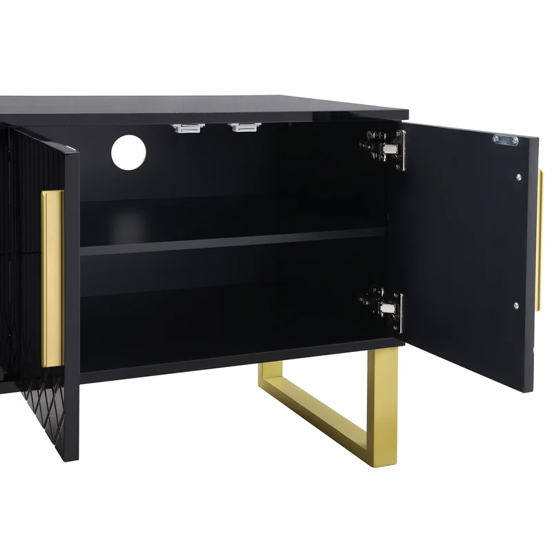 Meuble TV brillant noir 4 portes et accents dorés 170x40x53,5cm TRANSSAHAR
