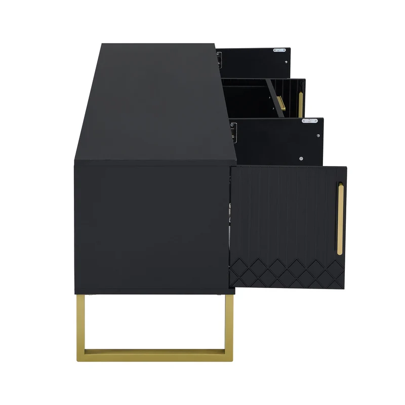 Meuble TV brillant noir 4 portes et accents dorés 170x40x53,5cm TRANSSAHAR