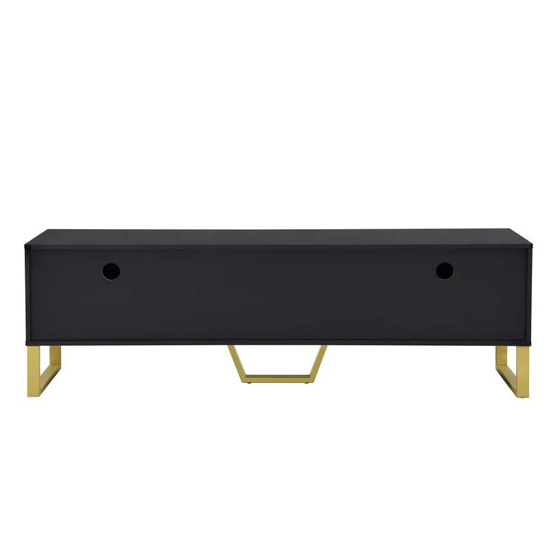 Meuble TV brillant noir 4 portes et accents dorés 170x40x53,5cm TRANSSAHAR