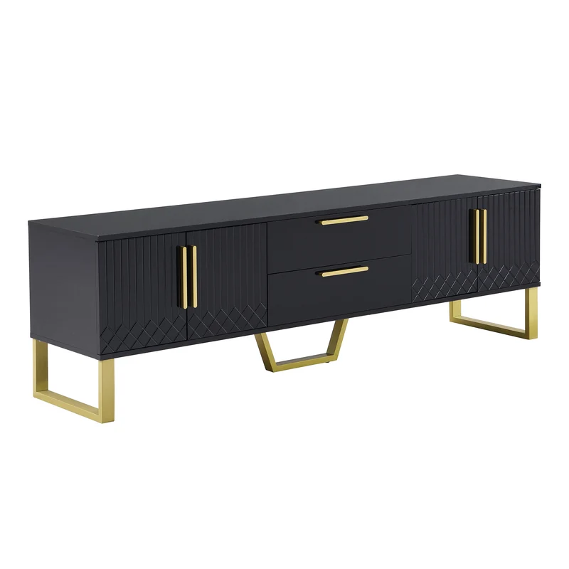 Meuble TV brillant noir 4 portes et accents dorés 170x40x53,5cm TRANSSAHAR