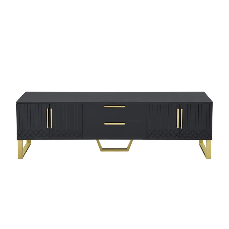 Meuble TV brillant noir 4 portes et accents dorés 170x40x53,5cm TRANSSAHAR