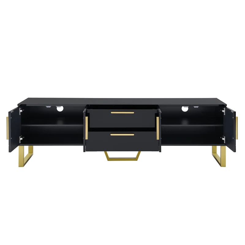 Meuble TV brillant noir 4 portes et accents dorés 170x40x53,5cm TRANSSAHAR