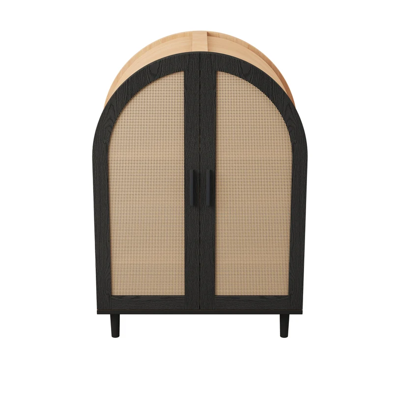 Meuble à chaussures arche en bois MDF et noir, portes en rotin design arrondi style bohème chic élégant SLEETGRAIN
