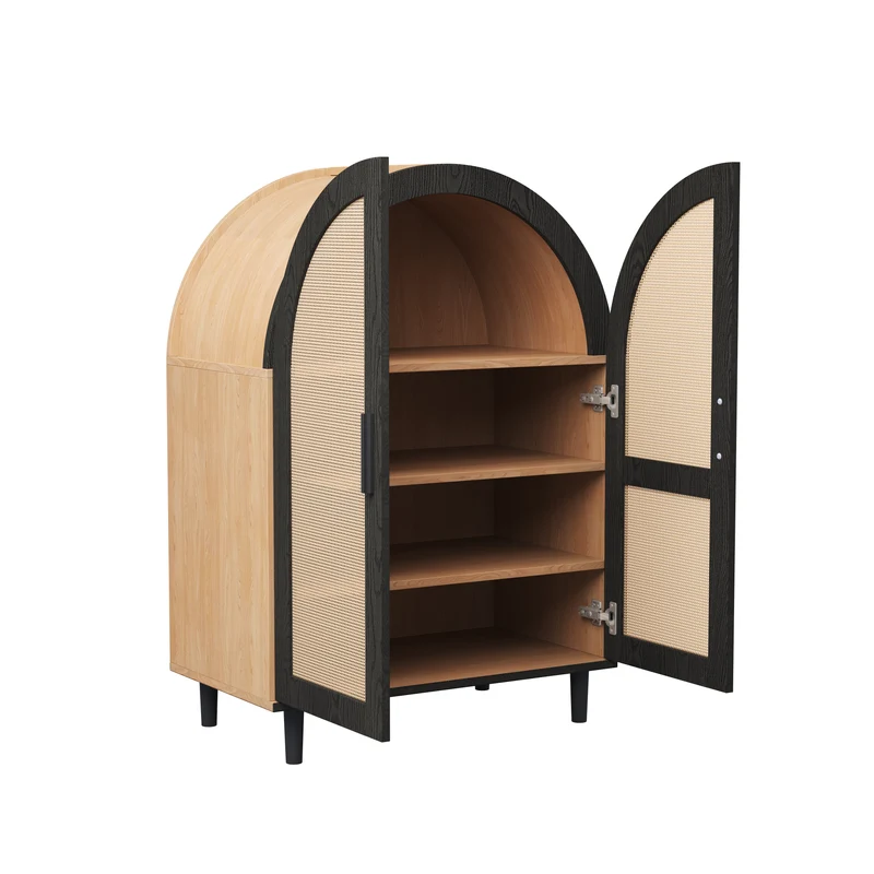Meuble à chaussures arche en bois MDF et noir, portes en rotin design arrondi style bohème chic élégant SLEETGRAIN