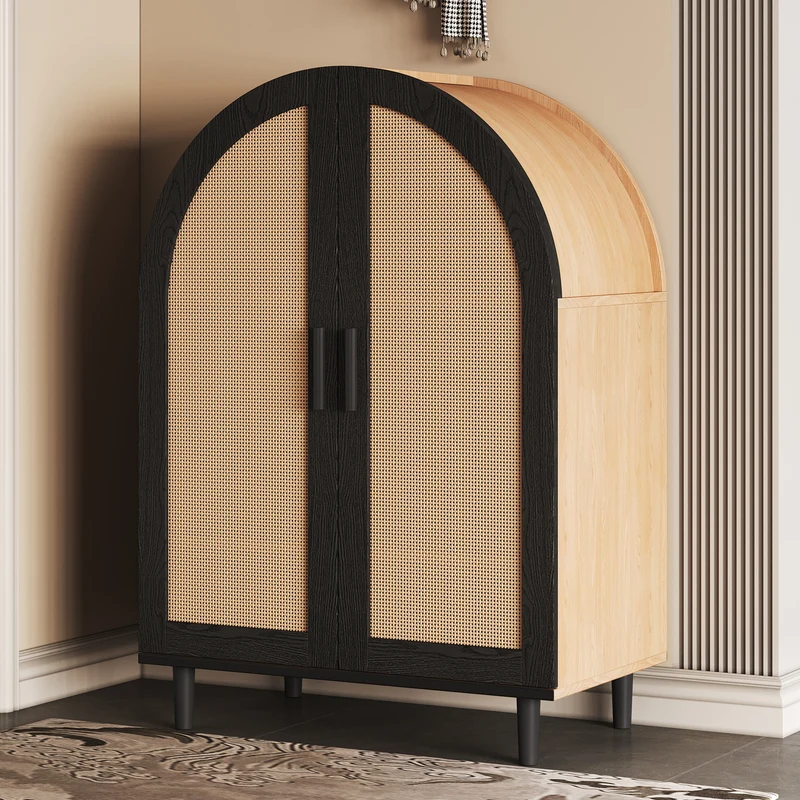 Meuble à chaussures arche en bois MDF et noir, portes en rotin design arrondi style bohème chic élégant SLEETGRAIN
