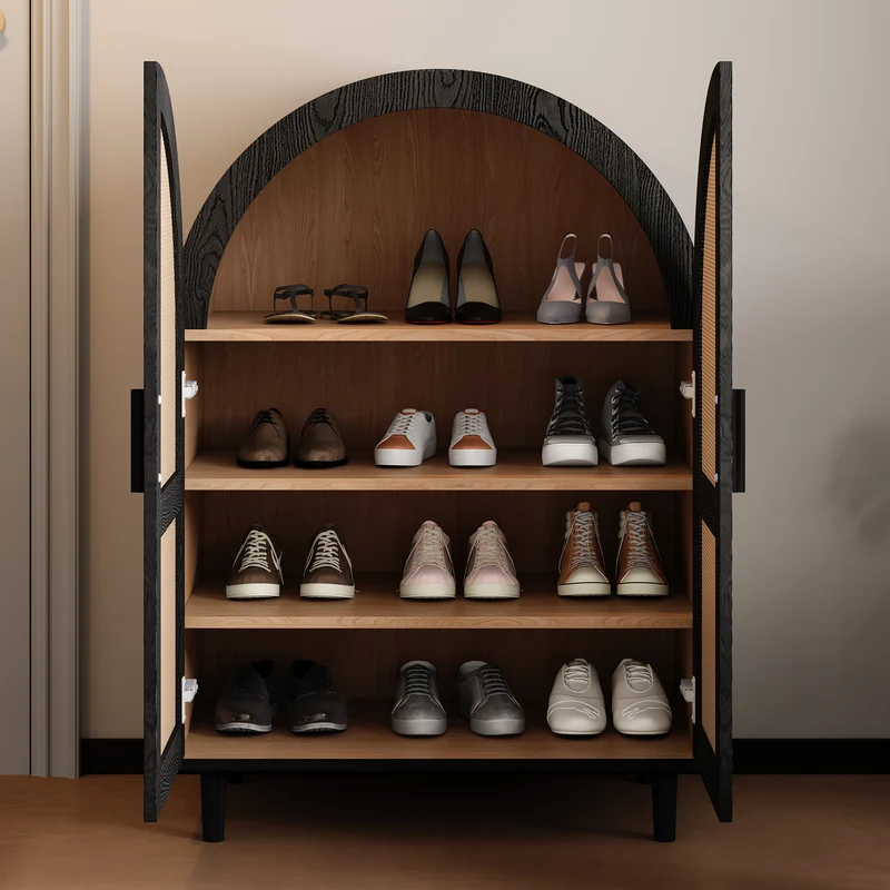 Meuble à chaussures arche en bois MDF et noir, portes en rotin design arrondi style bohème chic élégant SLEETGRAIN
