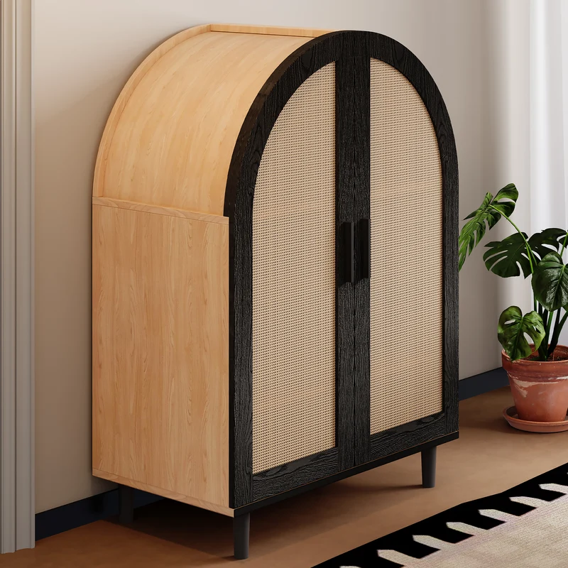Meuble à chaussures arche en bois MDF et noir, portes en rotin design arrondi style bohème chic élégant SLEETGRAIN