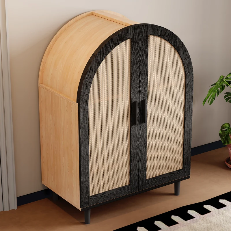 Meuble à chaussures arche en bois MDF et noir, portes en rotin design arrondi style bohème chic élégant SLEETGRAIN