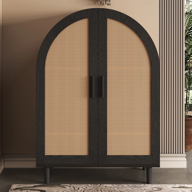 Meuble à chaussures arche en bois MDF et noir, portes en rotin design arrondi style bohème chic élégant SLEETGRAIN