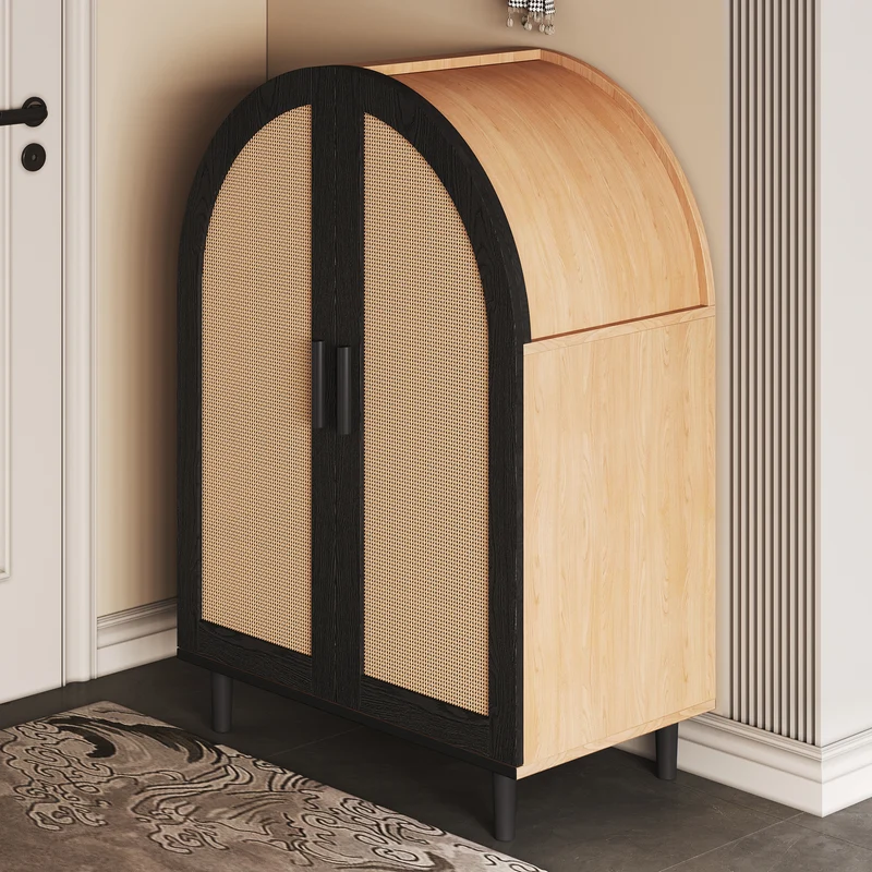 Meuble à chaussures arche en bois MDF et noir, portes en rotin design arrondi style bohème chic élégant SLEETGRAIN
