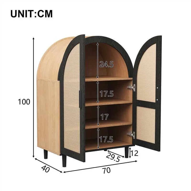 Meuble à chaussures arche en bois MDF et noir, portes en rotin design arrondi style bohème chic élégant SLEETGRAIN