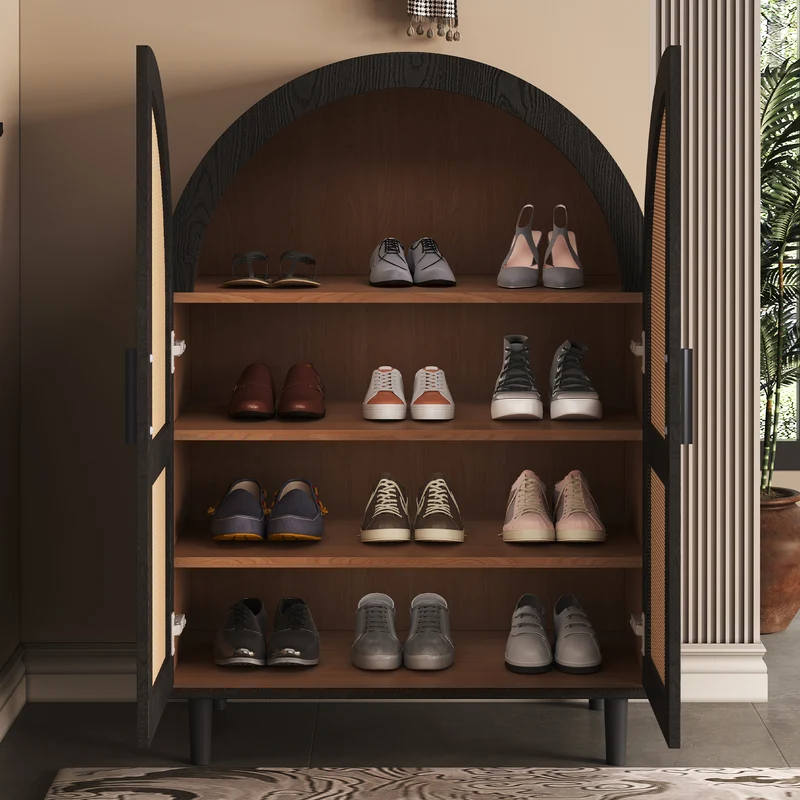 Meuble à chaussures arche en bois MDF et noir, portes en rotin design arrondi style bohème chic élégant SLEETGRAIN