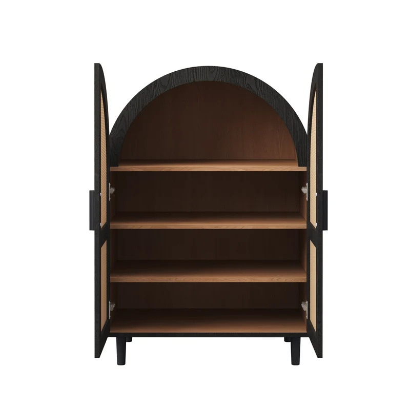Meuble à chaussures arche en bois MDF et noir, portes en rotin design arrondi style bohème chic élégant SLEETGRAIN