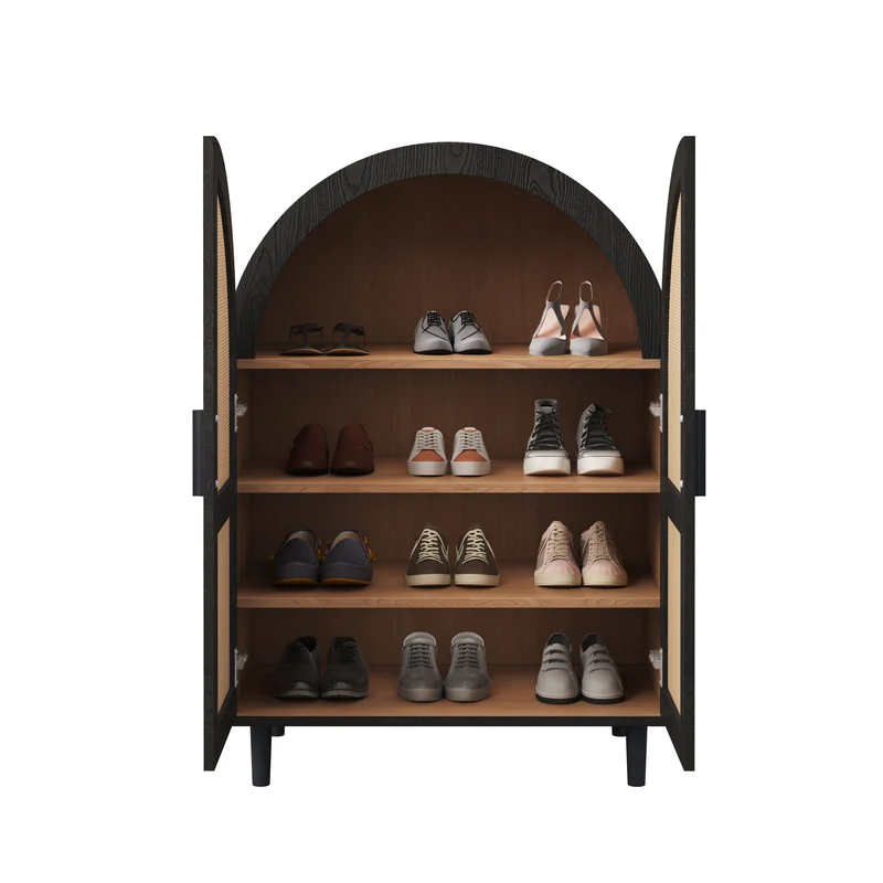 Meuble à chaussures arche en bois MDF et noir, portes en rotin design arrondi style bohème chic élégant SLEETGRAIN