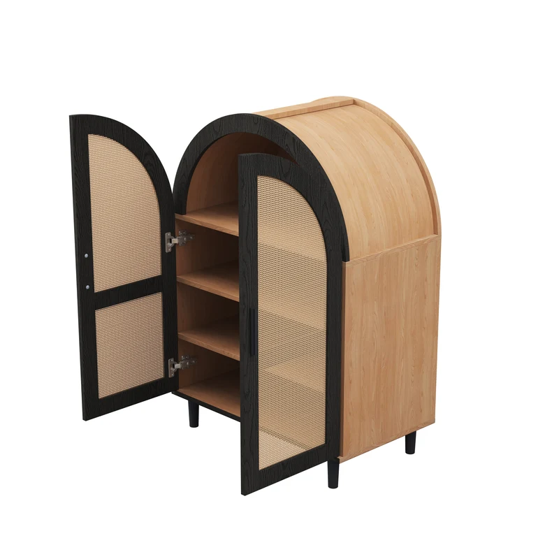Meuble à chaussures arche en bois MDF et noir, portes en rotin design arrondi style bohème chic élégant SLEETGRAIN