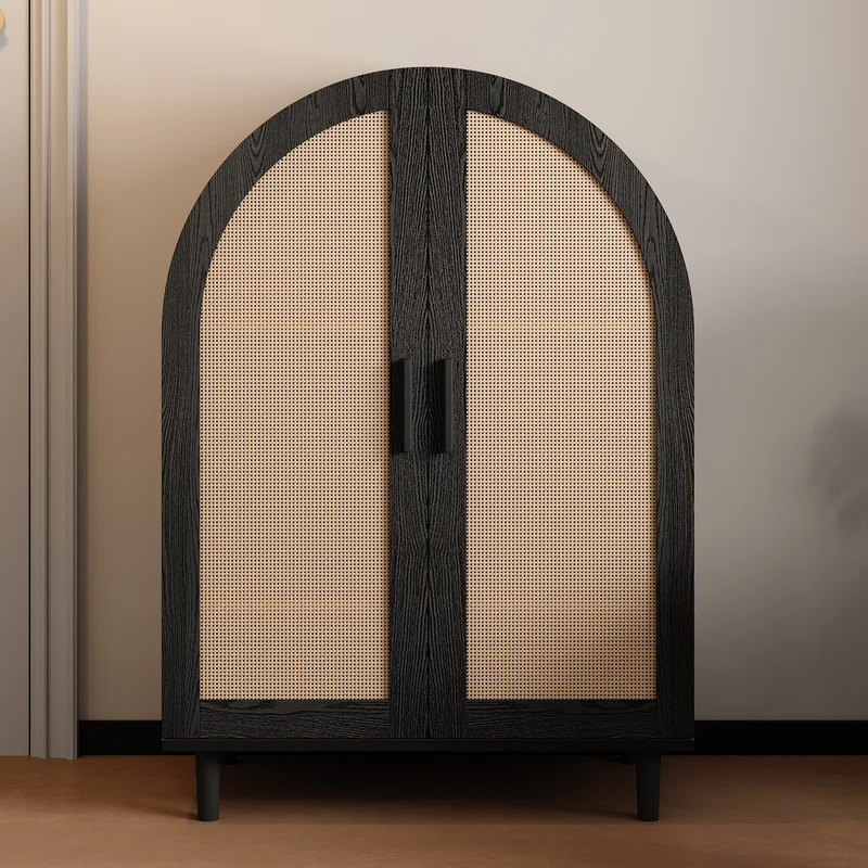 Meuble à chaussures arche en bois MDF et noir, portes en rotin design arrondi style bohème chic élégant SLEETGRAIN