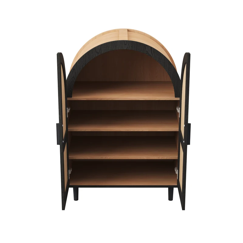 Meuble à chaussures arche en bois MDF et noir, portes en rotin design arrondi style bohème chic élégant SLEETGRAIN