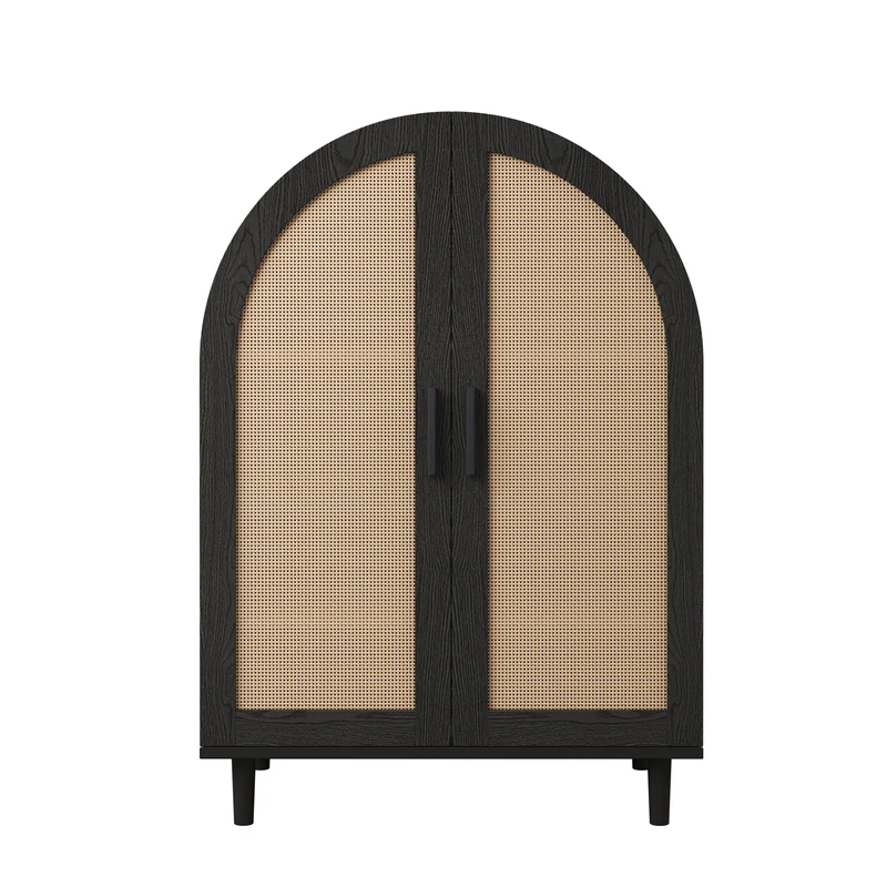 Meuble à chaussures arche en bois MDF et noir, portes en rotin design arrondi style bohème chic élégant SLEETGRAIN
