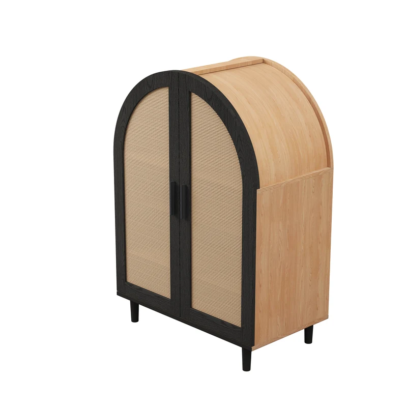 Meuble à chaussures arche en bois MDF et noir, portes en rotin design arrondi style bohème chic élégant SLEETGRAIN