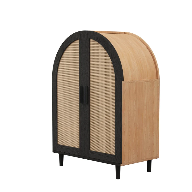 Meuble à chaussures arche en bois MDF et noir, portes en rotin design arrondi style bohème chic élégant SLEETGRAIN