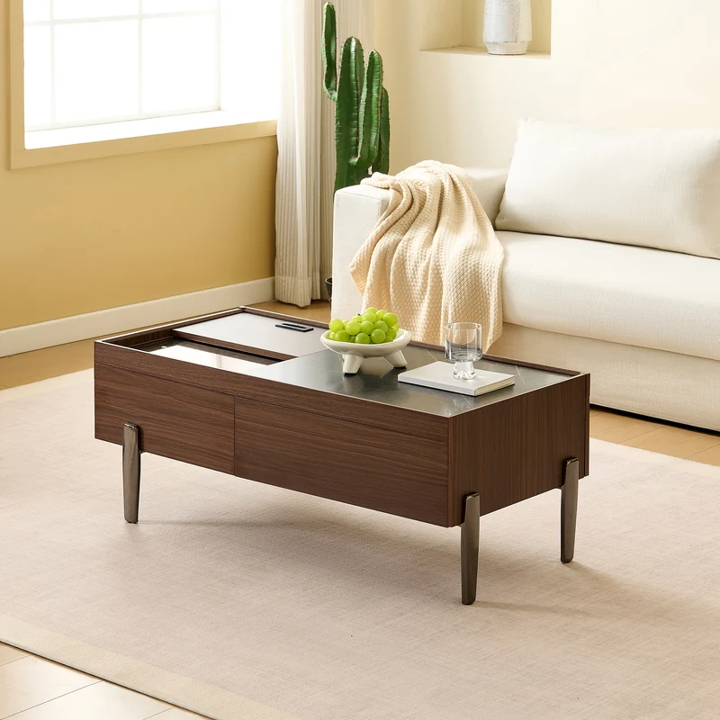 Table basse moderne avec tiroirs, effet marbre verre résistant, bois foncé noyer 105x50x41,5cm SYZYGYLINE
