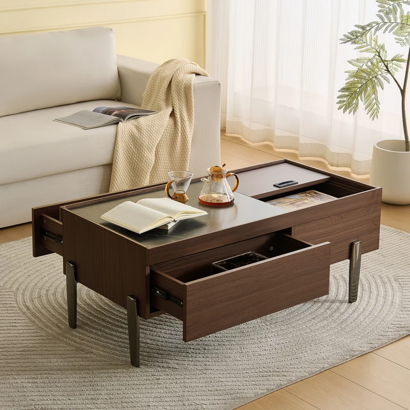 Table basse moderne avec tiroirs, effet marbre verre résistant, bois foncé noyer 105x50x41,5cm SYZYGYLINE