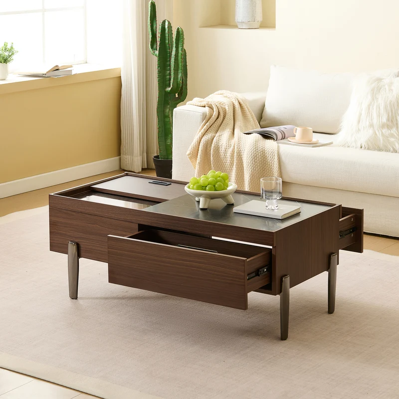 Table basse moderne avec tiroirs, effet marbre verre résistant, bois foncé noyer 105x50x41,5cm SYZYGYLINE