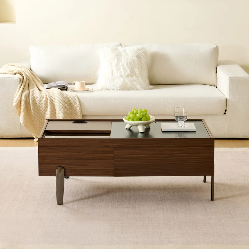 Table basse moderne avec tiroirs, effet marbre verre résistant, bois foncé noyer 105x50x41,5cm SYZYGYLINE