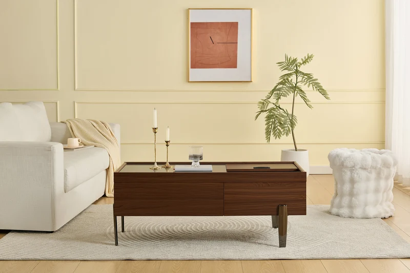Table basse moderne avec tiroirs, effet marbre verre résistant, bois foncé noyer 105x50x41,5cm SYZYGYLINE