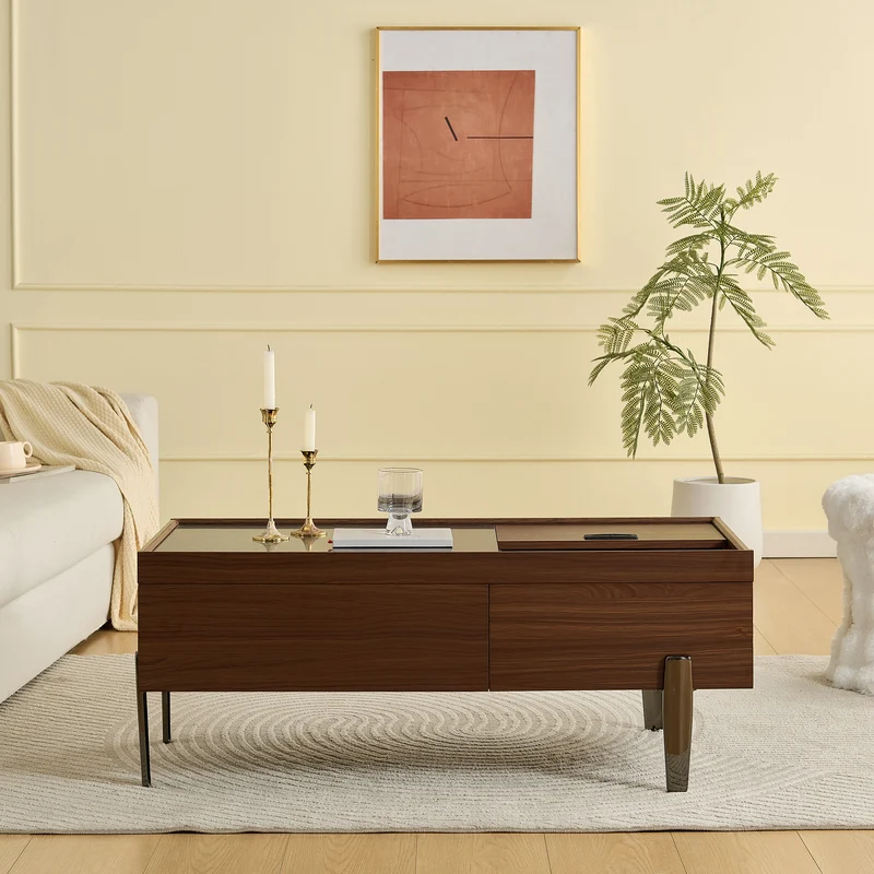 Table basse moderne avec tiroirs, effet marbre verre résistant, bois foncé noyer 105x50x41,5cm SYZYGYLINE