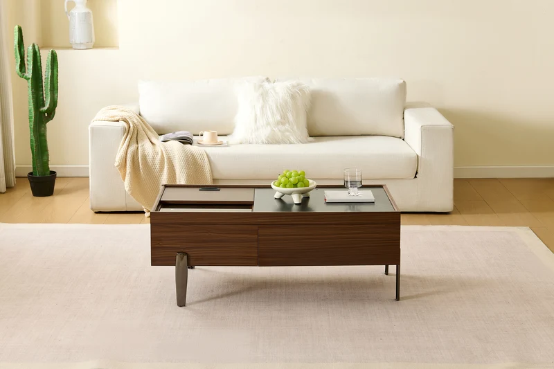 Table basse moderne avec tiroirs, effet marbre verre résistant, bois foncé noyer 105x50x41,5cm SYZYGYLINE