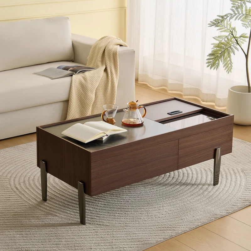 Table basse moderne avec tiroirs, effet marbre verre résistant, bois foncé noyer 105x50x41,5cm SYZYGYLINE