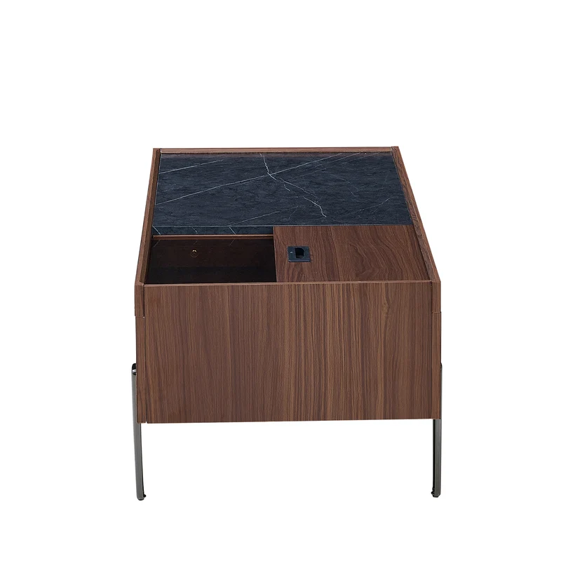 Table basse moderne avec tiroirs, effet marbre verre résistant, bois foncé noyer 105x50x41,5cm SYZYGYLINE