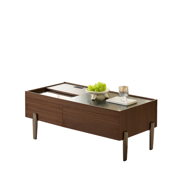 Table basse moderne avec tiroirs, effet marbre verre résistant, bois foncé noyer 105x50x41,5cm SYZYGYLINE