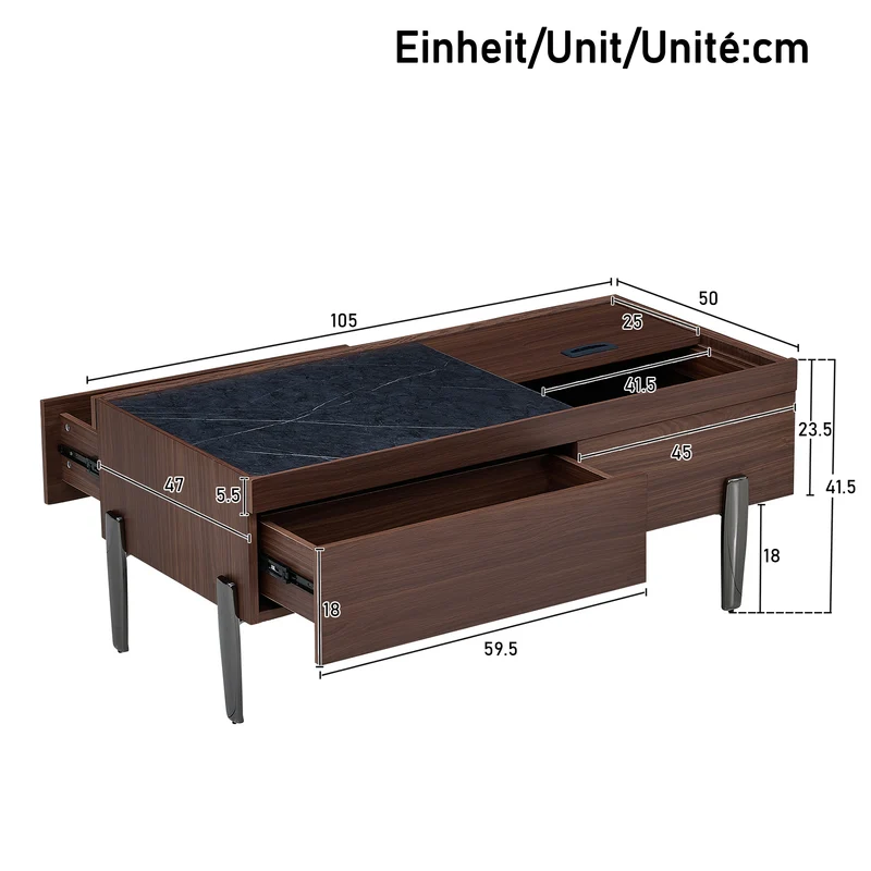 Table basse moderne avec tiroirs, effet marbre verre résistant, bois foncé noyer 105x50x41,5cm SYZYGYLINE
