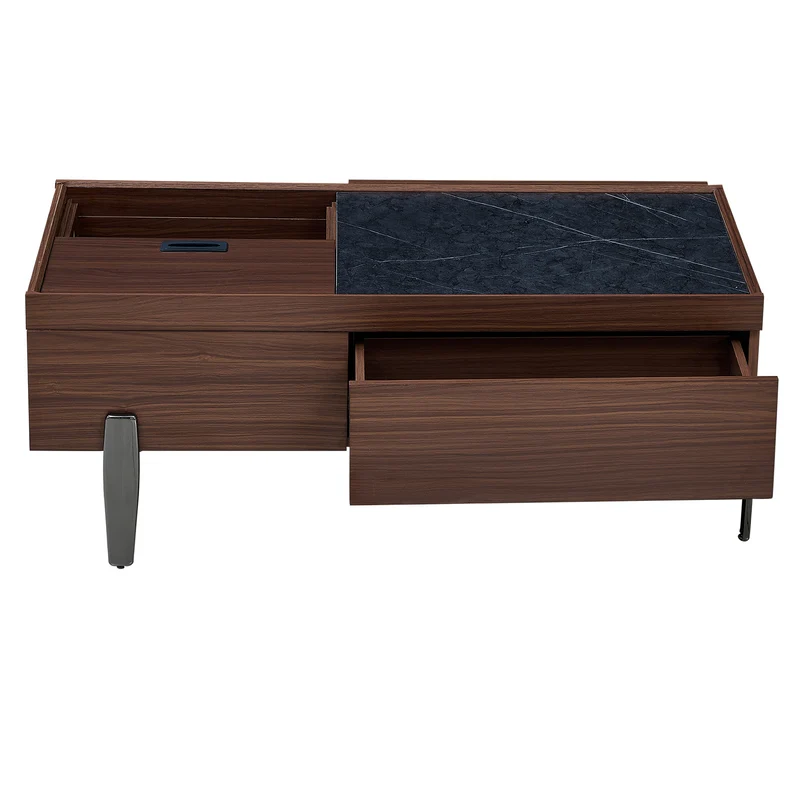 Table basse moderne avec tiroirs, effet marbre verre résistant, bois foncé noyer 105x50x41,5cm SYZYGYLINE