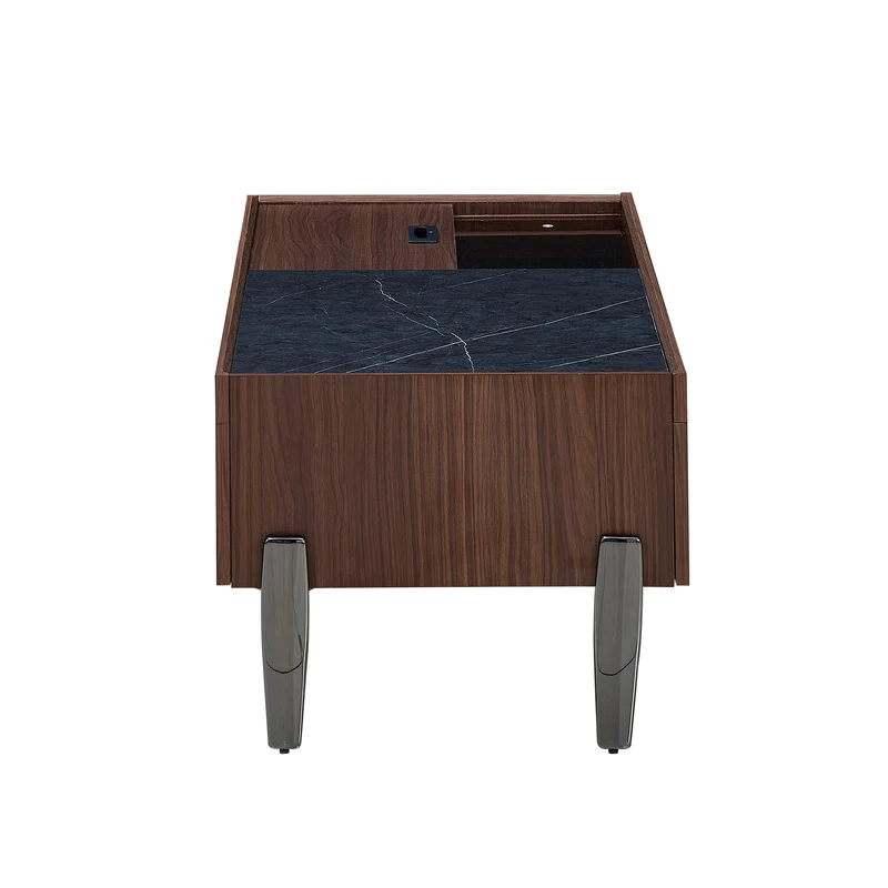 Table basse moderne avec tiroirs, effet marbre verre résistant, bois foncé noyer 105x50x41,5cm SYZYGYLINE