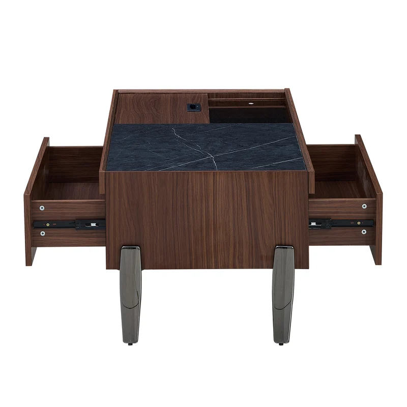 Table basse moderne avec tiroirs, effet marbre verre résistant, bois foncé noyer 105x50x41,5cm SYZYGYLINE