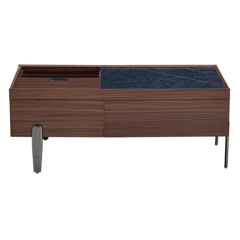 Table basse moderne avec tiroirs, effet marbre verre résistant, bois foncé noyer 105x50x41,5cm SYZYGYLINE