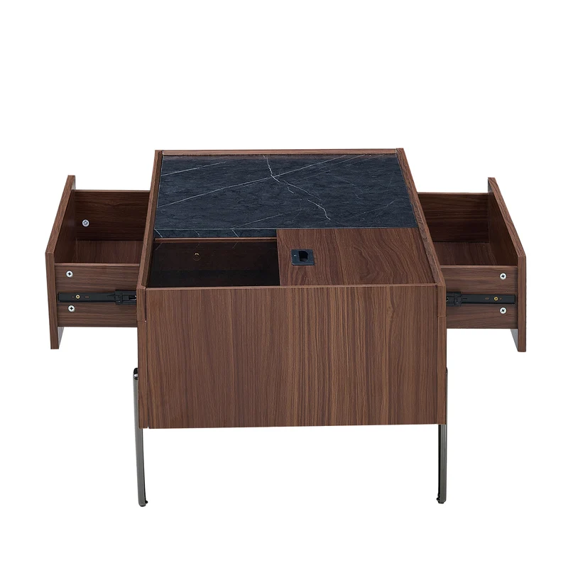 Table basse moderne avec tiroirs, effet marbre verre résistant, bois foncé noyer 105x50x41,5cm SYZYGYLINE