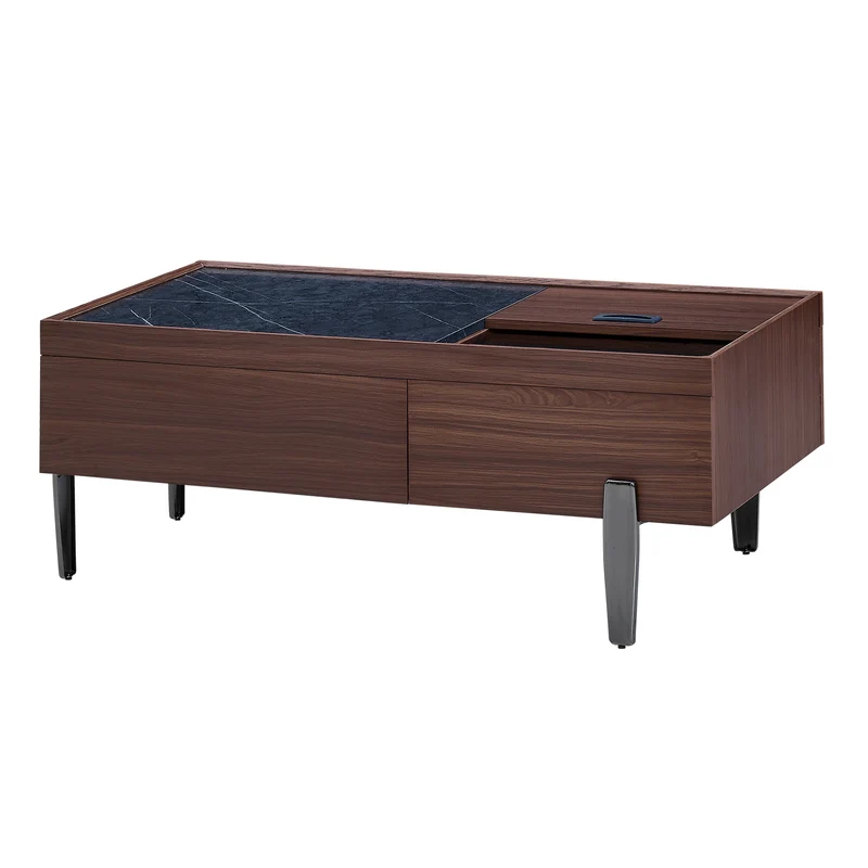 Table basse moderne avec tiroirs, effet marbre verre résistant, bois foncé noyer 105x50x41,5cm SYZYGYLINE