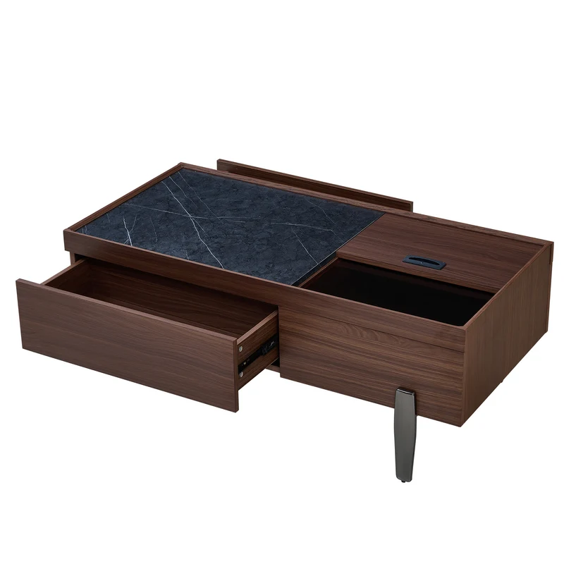 Table basse moderne avec tiroirs, effet marbre verre résistant, bois foncé noyer 105x50x41,5cm SYZYGYLINE