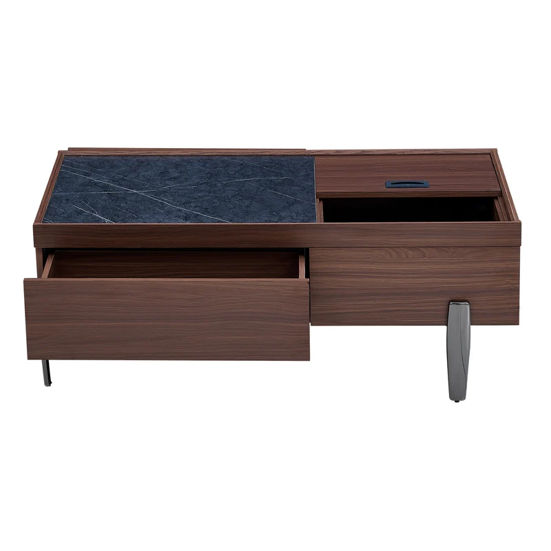 Table basse moderne avec tiroirs, effet marbre verre résistant, bois foncé noyer 105x50x41,5cm SYZYGYLINE