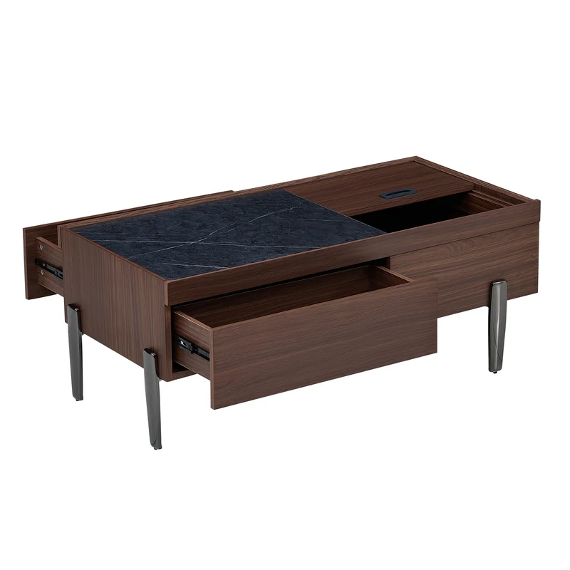 Table basse moderne avec tiroirs, effet marbre verre résistant, bois foncé noyer 105x50x41,5cm SYZYGYLINE