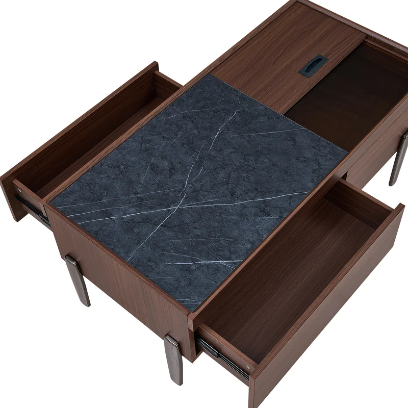 Table basse moderne avec tiroirs, effet marbre verre résistant, bois foncé noyer 105x50x41,5cm SYZYGYLINE